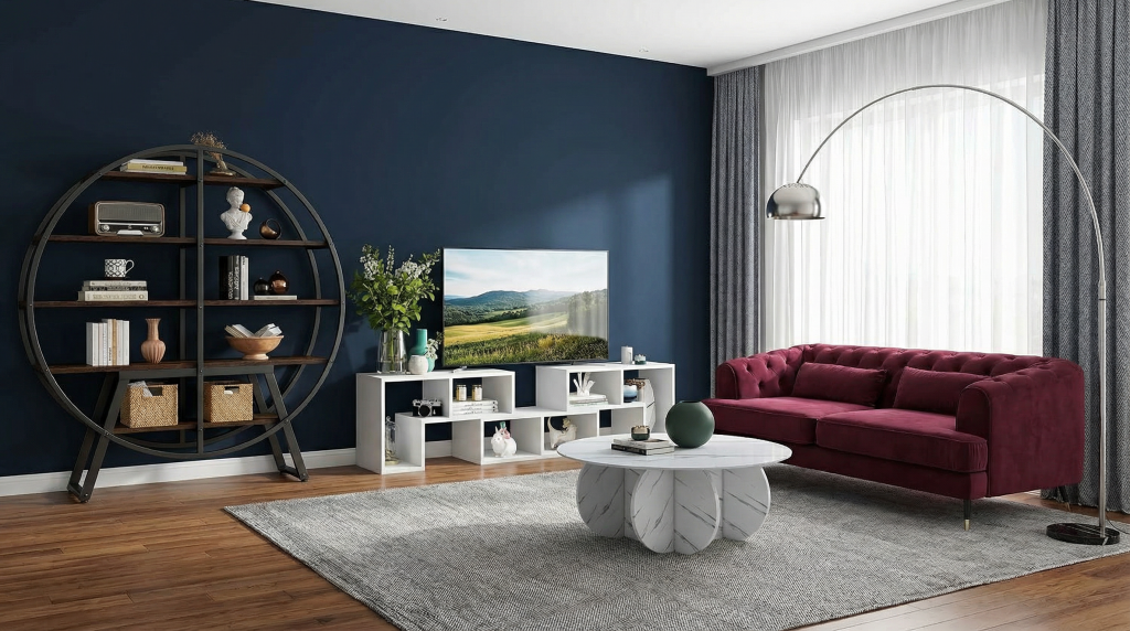 Living room moderno 2026 arredata con divano velluto e design organico