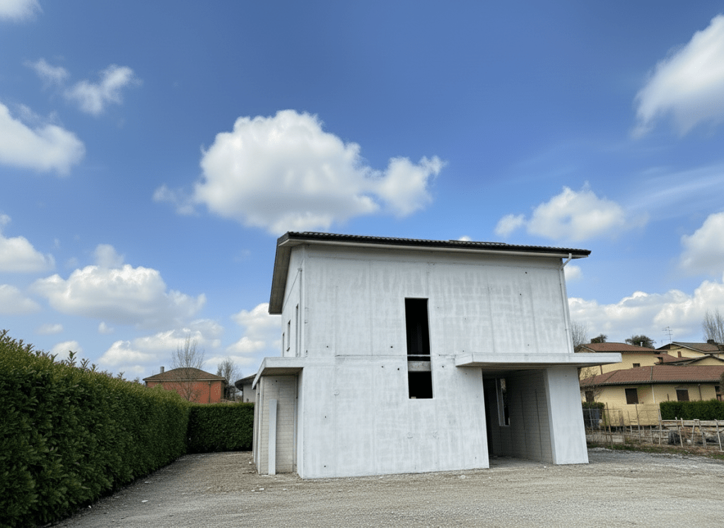 Rappresentazione realistica dell'immobile finito con cielo azzurro sereno, facciata tinteggiata, giardino pulito e recinzione perimetrale definitiva.