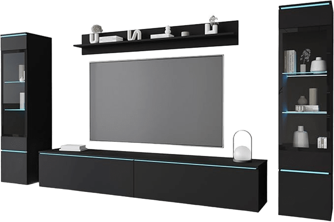 Mobile moderno realmente esistente inserito con virtual home staging avanzato per sostituire libreria datata