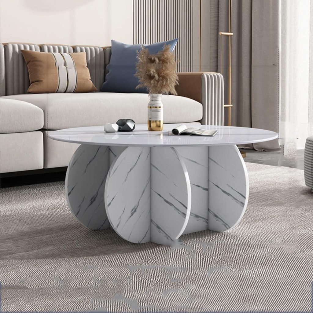 Tavolino rotondo design in marmo bianco e legno massello per soggiorno