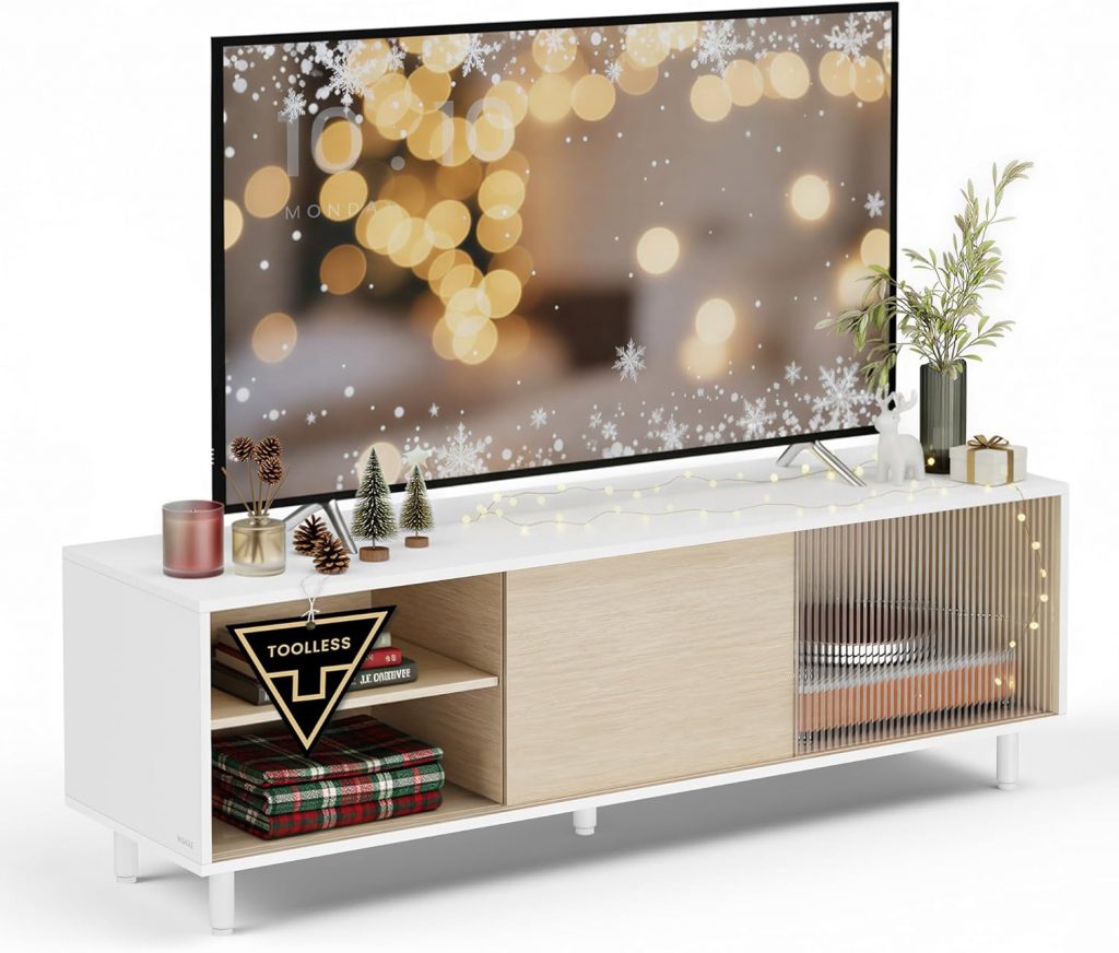 Mobile TV VASAGLE bianco e beige con vetro scanalato per soggiorno moderno