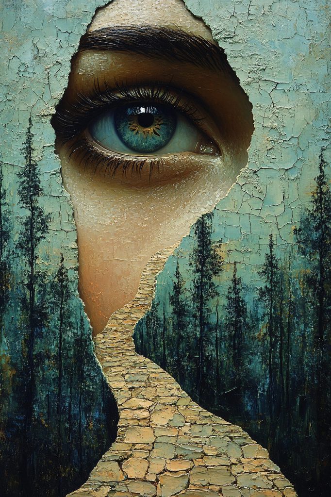 ai generated, woman, eye, landscape, surrealism, surreal, dreamlike, mysterious, texture, detail, fantasy, consciousness, art, vision, abstract, portrait