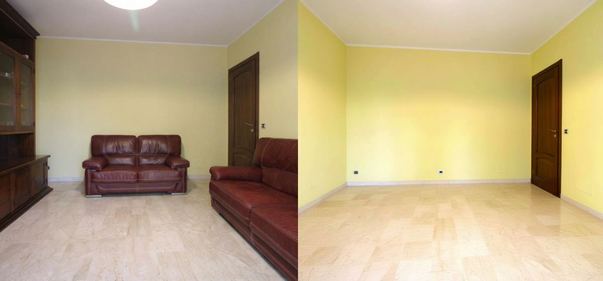 Confronto prima e dopo virtual home staging: stanza con arredi antichi e stanza svuotata.
