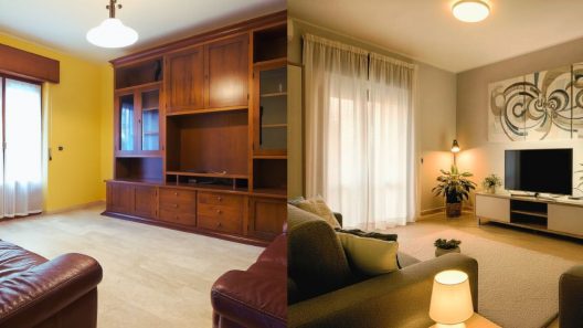 Confronto tra due immagini di un soggiorno: la prima mostra un ambiente datato con pareti gialle, arredi semplici e illuminazione fredda; la seconda rivela una trasformazione in uno spazio moderno ed elegante, con tonalità neutre, arredi di design, illuminazione calda e d'accento, e dettagli artistici che ne esaltano il potenziale abitativo e di mercato.