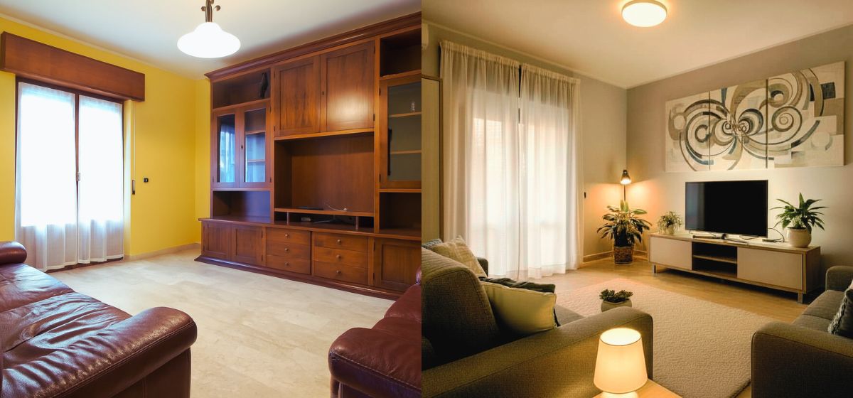 Confronto tra due immagini di un soggiorno: la prima mostra un ambiente datato con pareti gialle, arredi semplici e illuminazione fredda; la seconda rivela una trasformazione in uno spazio moderno ed elegante, con tonalità neutre, arredi di design, illuminazione calda e d'accento, e dettagli artistici che ne esaltano il potenziale abitativo e di mercato.