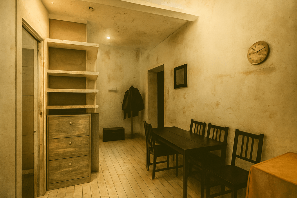 Sala da pranzo con tavolo nero e sei sedie, scaffali pieni di libri e piante, pavimento in legno chiaro e pareti bianche, design moderno minimalista.