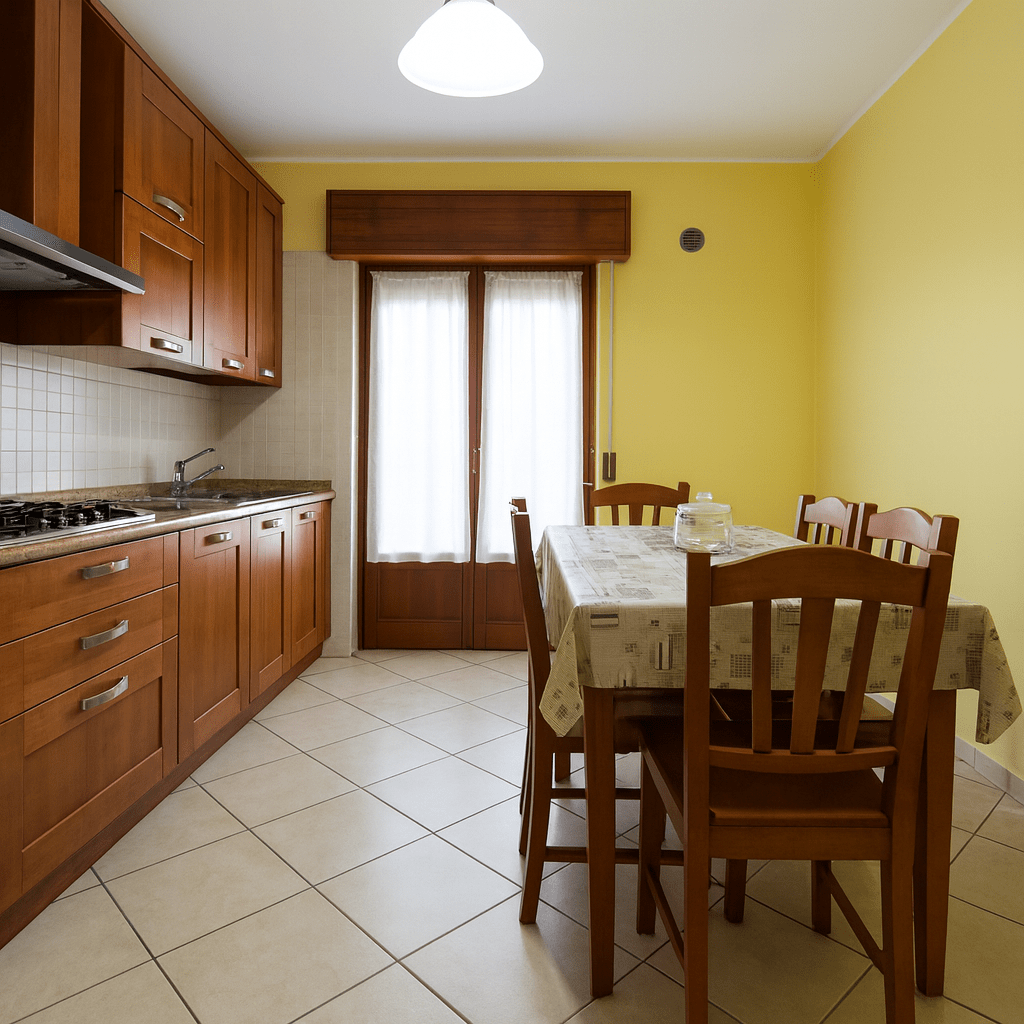Cucina trascurata prima del virtual home staging, con arredi datati e luce insufficiente