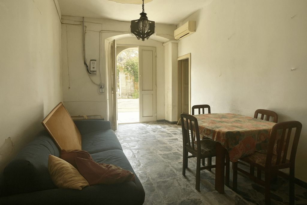 Immagine di un soggiorno prima della ristrutturazione: stanza buia, divano vecchio scuro, tavolo da pranzo non coordinato, pavimento scuro rovinato, pareti nude, lampadario obsoleto, cavi a vista.