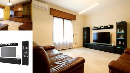 Confronto prima e dopo home staging avanzato: libreria obsoleta sostituita con mobile reale.