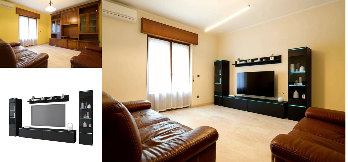 Confronto prima e dopo home staging avanzato: libreria obsoleta sostituita con mobile reale.