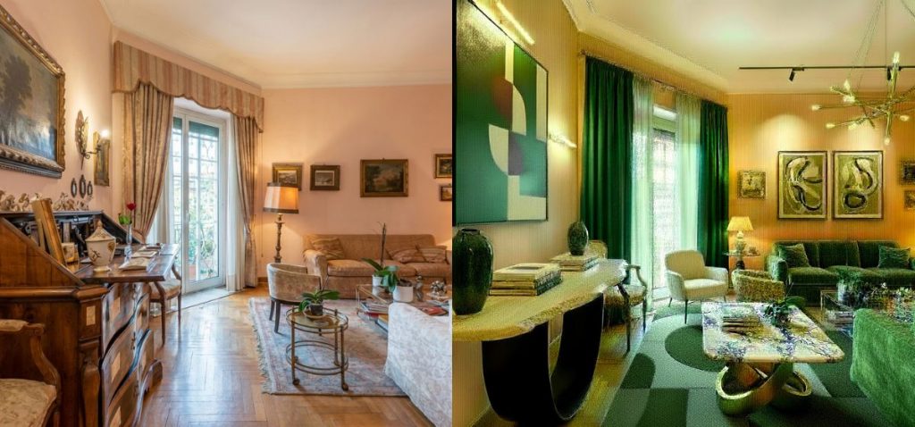 Confronto prima e dopo home staging: la trasformazione di un salotto classico in un ambiente di lusso contemporaneo. Questo esempio di virtual home staging mostra come valorizzare gli interni e migliorare le fotografie immobiliari per vendere casa al prezzo più alto.