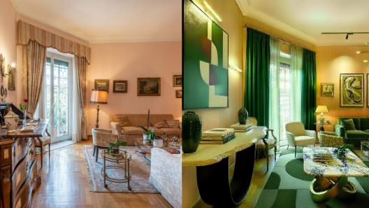 Confronto prima e dopo home staging: la trasformazione di un salotto classico in un ambiente di lusso contemporaneo. Questo esempio di virtual home staging mostra come valorizzare gli interni e migliorare le fotografie immobiliari per vendere casa al prezzo più alto.