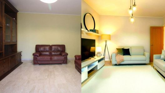 Il confronto mostra un soggiorno trasformato da uno stile datato e con pareti gialle a un ambiente moderno e luminoso con colori neutri, arredi contemporanei, migliore illuminazione e decorazioni che aumentano l'attrattiva visiva. L'uso del virtual home staging ha reso lo spazio più accogliente e desiderabile, valorizzando l'immobile per la vendita.