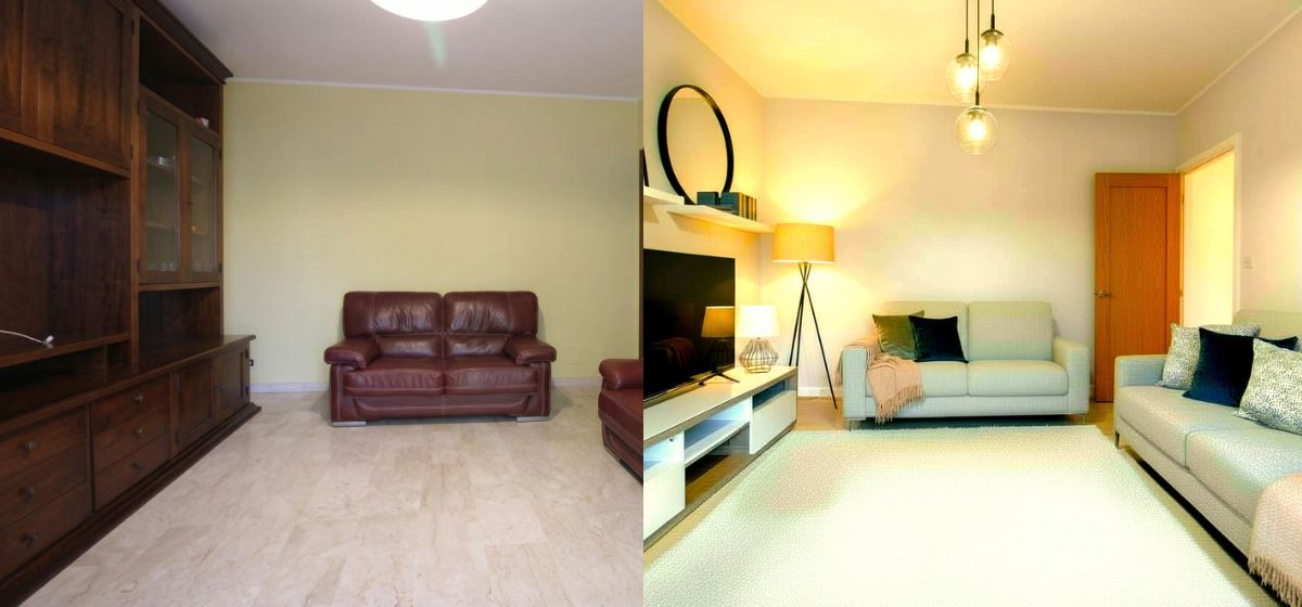 Il confronto mostra un soggiorno trasformato da uno stile datato e con pareti gialle a un ambiente moderno e luminoso con colori neutri, arredi contemporanei, migliore illuminazione e decorazioni che aumentano l'attrattiva visiva. L'uso del virtual home staging ha reso lo spazio più accogliente e desiderabile, valorizzando l'immobile per la vendita.