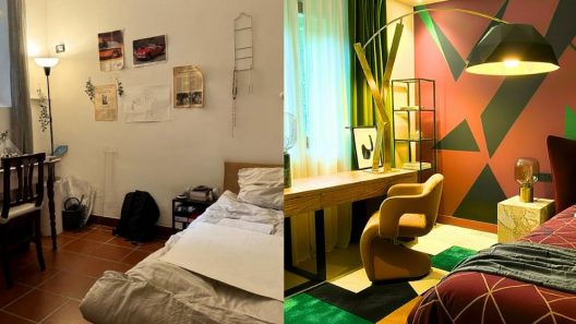 Camera da letto di lusso con pareti geometriche bordeaux e verdi, letto in velluto, scrivania in legno, sedia scultorea color miele e lampada a sospensione riflettente.