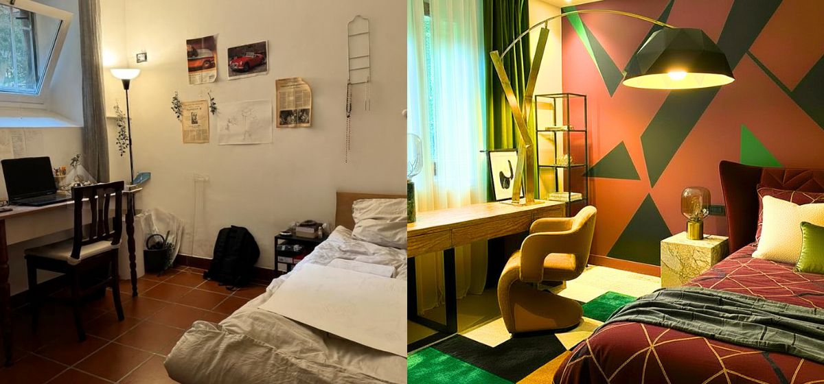 Camera da letto di lusso con pareti geometriche bordeaux e verdi, letto in velluto, scrivania in legno, sedia scultorea color miele e lampada a sospensione riflettente.