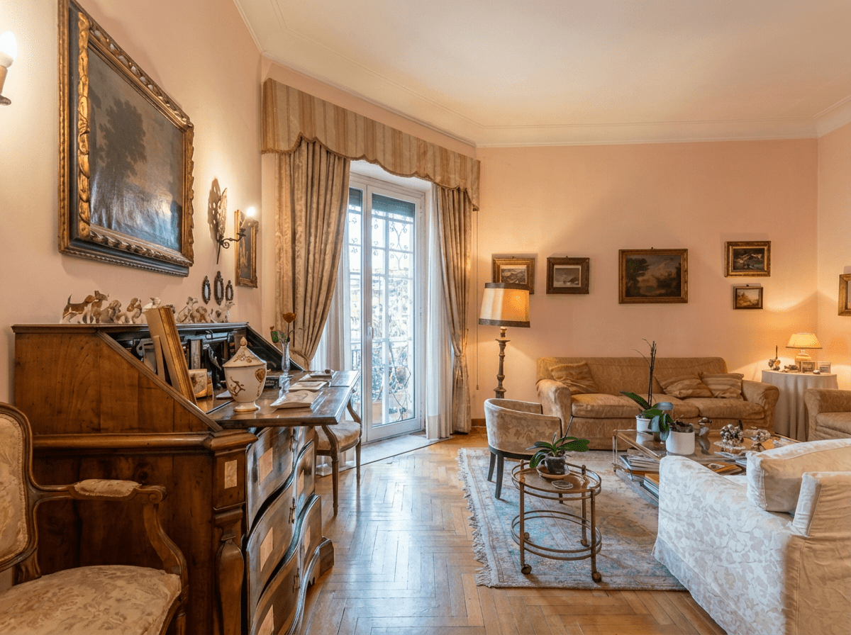 Salotto tradizionale con pareti rosa datate, mobili antichi, tende pesanti, tappeto tradizionale e lampade classiche. L'ambiente appare disordinato e buio, necessitando di un intervento di virtual home staging.