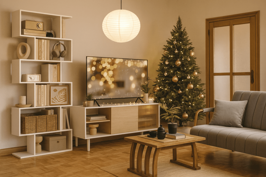 Soggiorno moderno creato tramite simulazione di virtual home staging con divano grigio, mobile TV e libreria bianca
