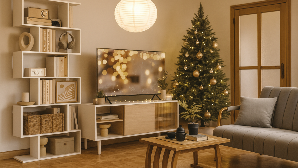 Soggiorno moderno creato tramite simulazione di virtual home staging con divano grigio, mobile TV e libreria bianca