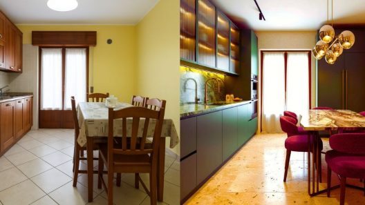 Confronto prima e dopo di un virtual home staging che trasforma una cucina obsoleta in un ambiente elegante e di lusso contemporaneo, evidenziando il valore del servizio 'home staging prima e dopo' per la vendita di immobili.
