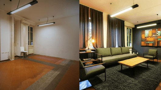 confronto living prima e dopo home staging industriale