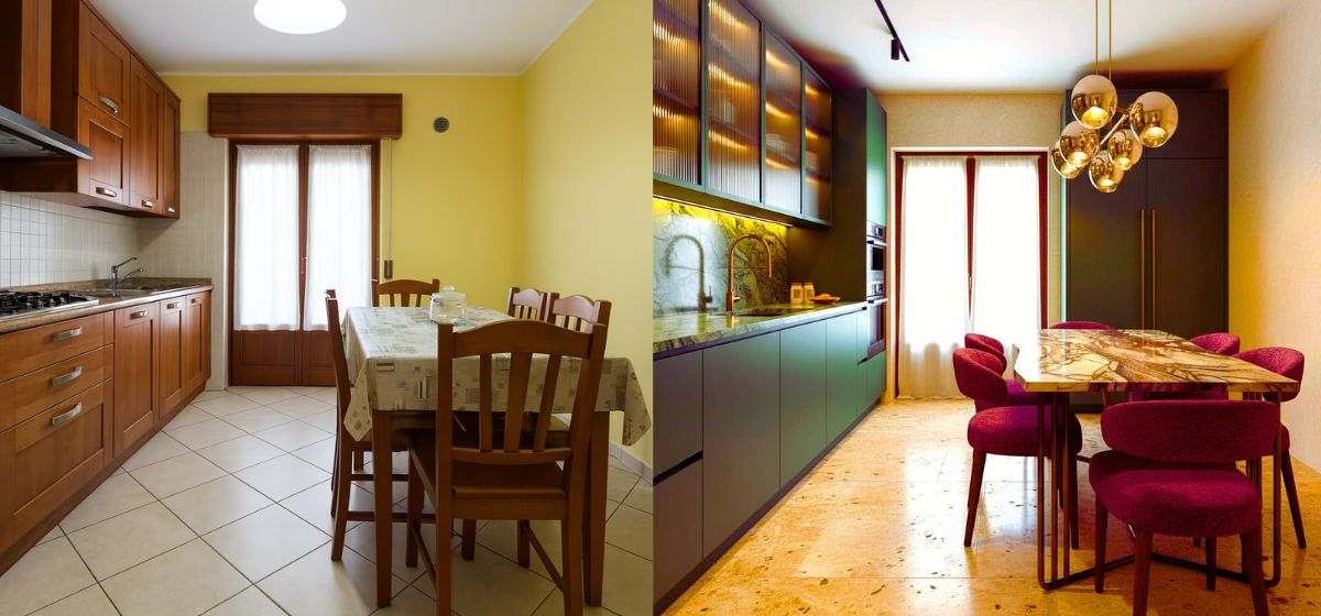 Confronto prima e dopo di un virtual home staging che trasforma una cucina obsoleta in un ambiente elegante e di lusso contemporaneo, evidenziando il valore del servizio 'home staging prima e dopo' per la vendita di immobili.