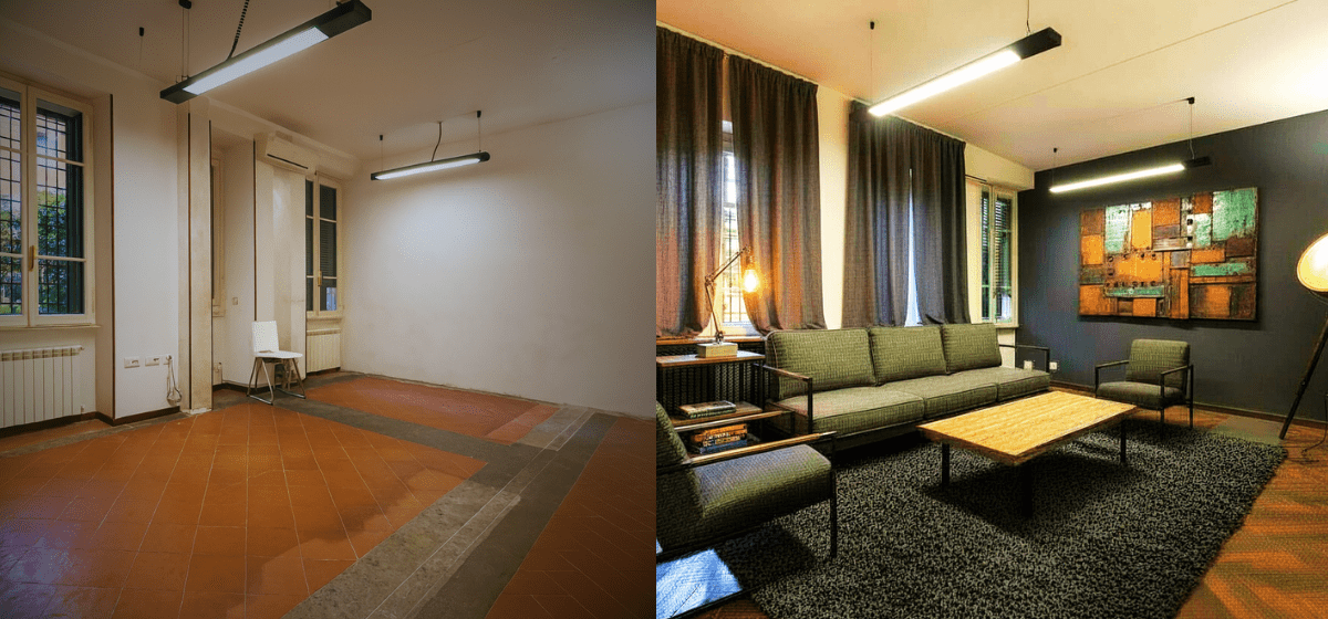 confronto living prima e dopo home staging industriale