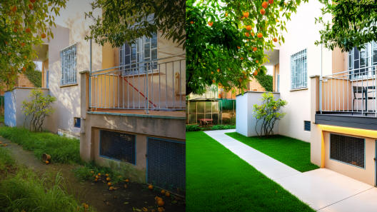 Confronto prima e dopo di un giardino riqualificato tramite virtual staging in stile minimalista.