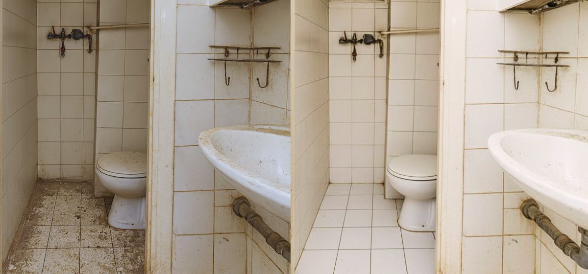 Confronto visivo del prima e dopo di un bagno, evidenziando la drastica trasformazione da uno stato di abbandono a un ambiente rinnovato e moderno grazie al virtual home staging, mostrando l'impatto positivo sulla percezione dell'immobile.