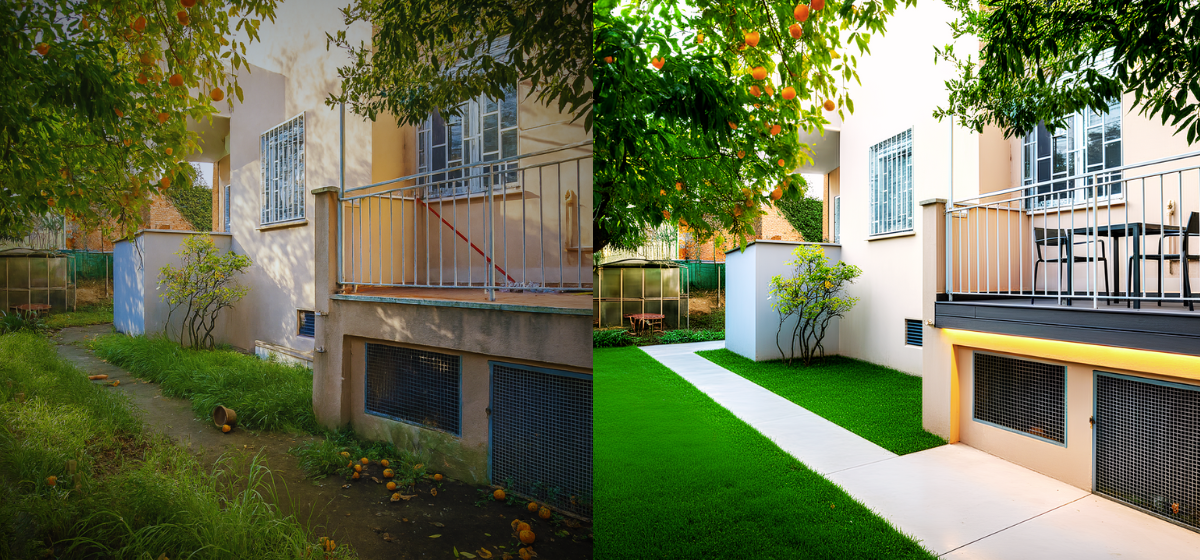 Confronto prima e dopo di un giardino riqualificato tramite virtual staging in stile minimalista.
