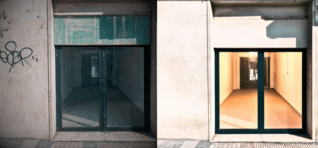 Immagine comparativa che mostra la significativa trasformazione di un negozio: da una facciata esterna sporca e graffitata con interni bui a una facciata pulita, luminosa e accogliente con interni ben illuminati e sbiancati, evidenziando il miglioramento estetico e il potenziale dell'immobile grazie all'intervento AI.