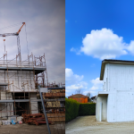 Confronto prima e dopo del fotoritocco immobiliare che mostra la bonifica dell'area esterna e la rimozione delle strutture da cantiere.