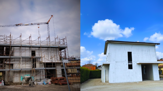 Confronto prima e dopo del fotoritocco immobiliare che mostra la bonifica dell'area esterna e la rimozione delle strutture da cantiere.