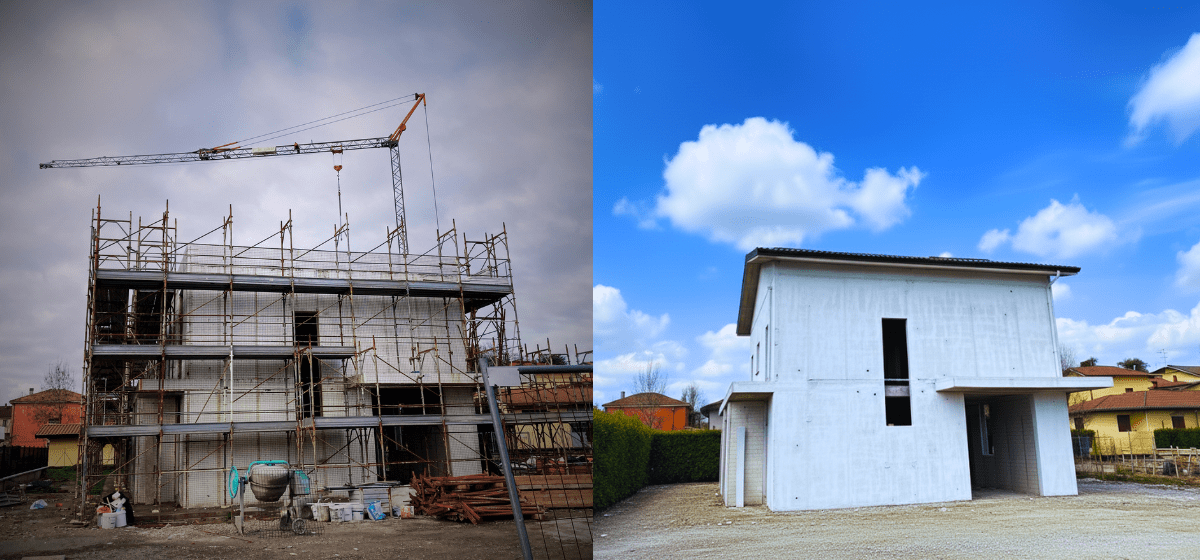 Confronto prima e dopo del fotoritocco immobiliare che mostra la bonifica dell'area esterna e la rimozione delle strutture da cantiere.