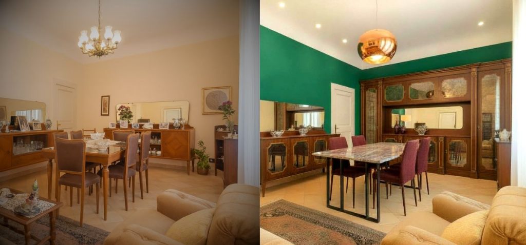 L'immagine mostra la netta trasformazione di un salotto/zona pranzo da uno stile classico e datato a uno moderno e sofisticato. Si nota il passaggio da colori neutri a un vibrante verde smeraldo sulle pareti, la sostituzione di credenze tradizionali con una boiserie integrata, l'aggiornamento dell'illuminazione con un pezzo di design e l'introduzione di arredi contemporanei che creano un'atmosfera lussuosa e accogliente, migliorando notevolmente l'appeal visivo.