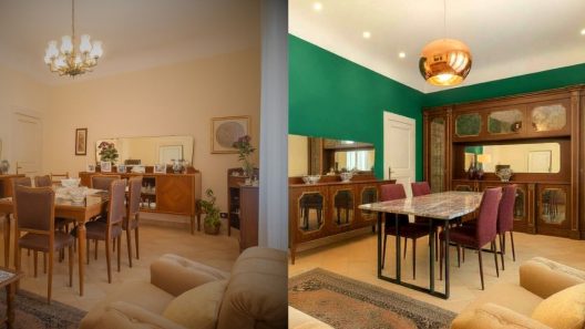 L'immagine mostra la netta trasformazione di un salotto/zona pranzo da uno stile classico e datato a uno moderno e sofisticato. Si nota il passaggio da colori neutri a un vibrante verde smeraldo sulle pareti, la sostituzione di credenze tradizionali con una boiserie integrata, l'aggiornamento dell'illuminazione con un pezzo di design e l'introduzione di arredi contemporanei che creano un'atmosfera lussuosa e accogliente, migliorando notevolmente l'appeal visivo.