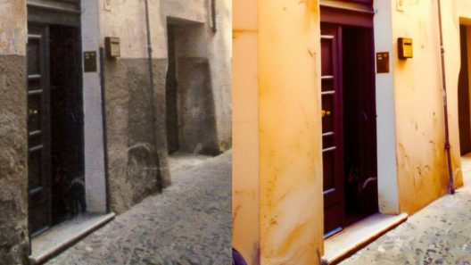 Confronto prima e dopo: home staging trasforma un vicolo degradato e scuro in uno spazio pulito e accogliente, dimostrando l'efficacia del virtual home staging per vendere casa velocemente.