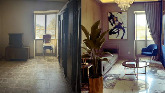 Confronto prima e dopo: la stanza subisce una trasformazione completa da un ambiente vecchio e trascurato a uno spazio abitativo lussuoso e contemporaneo, evidenziando l'impatto del virtual home staging.