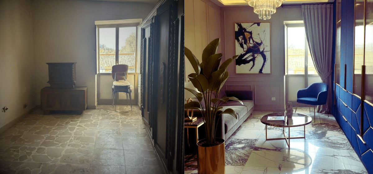 Confronto prima e dopo: la stanza subisce una trasformazione completa da un ambiente vecchio e trascurato a uno spazio abitativo lussuoso e contemporaneo, evidenziando l'impatto del virtual home staging.