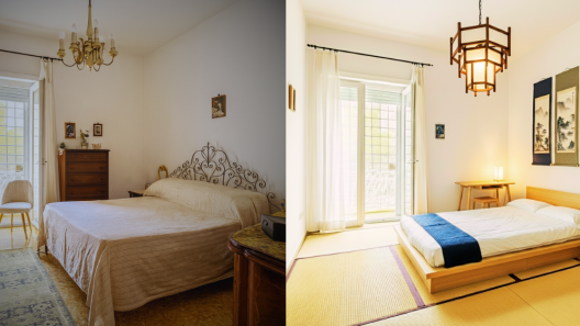 Camera da letto arredata in stile giapponese contemporaneo con lampadario orientale e design minimal.