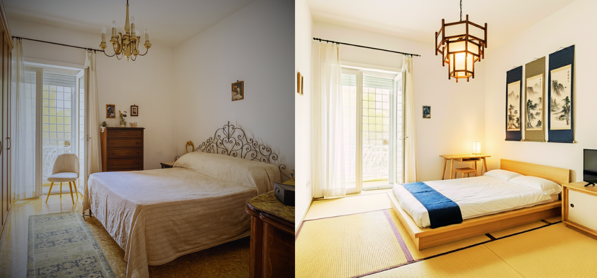 Camera da letto arredata in stile giapponese contemporaneo con lampadario orientale e design minimal.