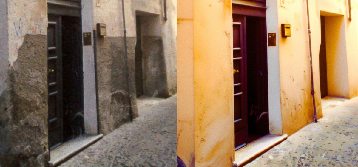 Confronto prima e dopo: home staging trasforma un vicolo degradato e scuro in uno spazio pulito e accogliente, dimostrando l'efficacia del virtual home staging per vendere casa velocemente.