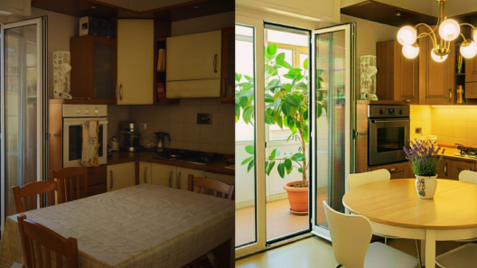 Confronto prima e dopo del restyling cucina: da stile rustico disordinato a minimalismo scandinavo moderno.