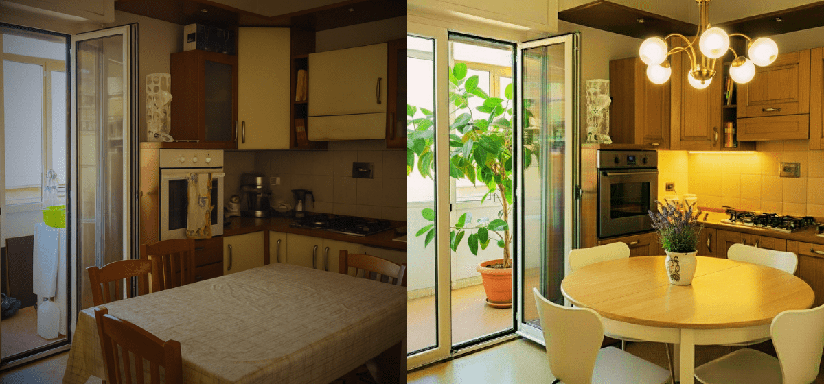 Confronto prima e dopo del restyling cucina: da stile rustico disordinato a minimalismo scandinavo moderno.