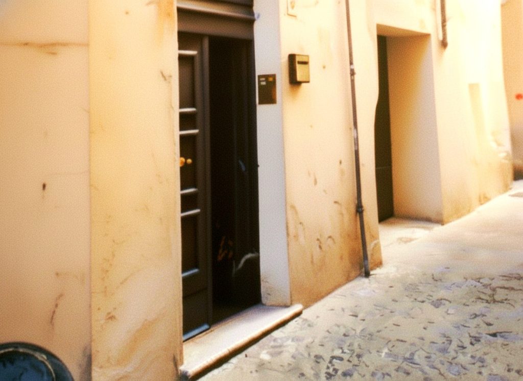 Immobile ristrutturato con home staging virtuale: vicolo pulito e luminoso, pareti chiare e intonacate, assenza di sporco, valorizzando l'ingresso per un'estetica moderna e accogliente.
