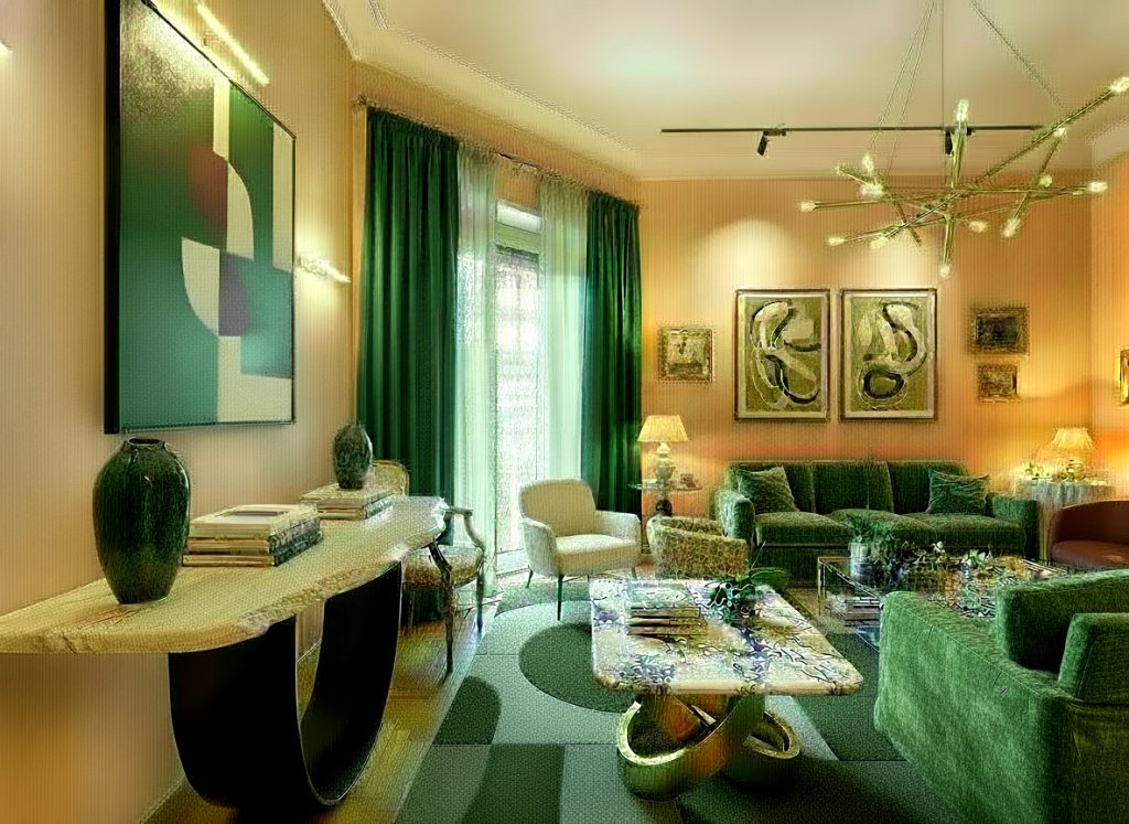 Salotto di Contemporary Luxury post virtual home staging, con divani in velluto verde smeraldo, pareti color pesca, illuminazione scultorea moderna, tappeto geometrico e arredi di design. Un esempio perfetto di come fotografare immobili per vendere casa velocemente.