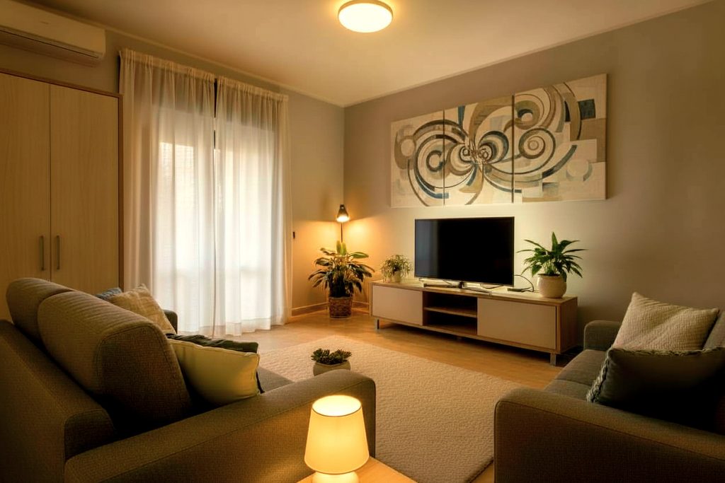 Soggiorno moderno e accogliente con pareti grigio chiaro, divani eleganti, mobile TV contemporaneo con illuminazione LED discreta, lampada a sospensione di design e un quadro astratto. L'illuminazione è soffusa e calda, creando un'atmosfera intima.