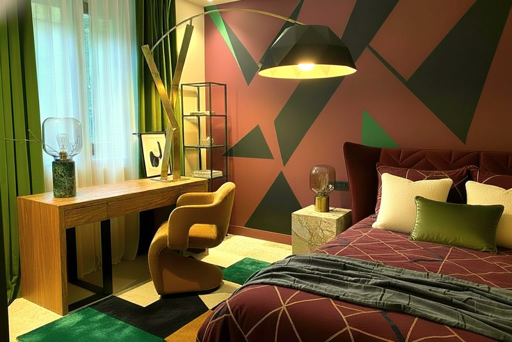 Lussuosa camera da letto con parete geometrica bordeaux, nera e verde. Scrivania marmo, sedia scultorea, lampada design riflettente. Stile contemporaneo.