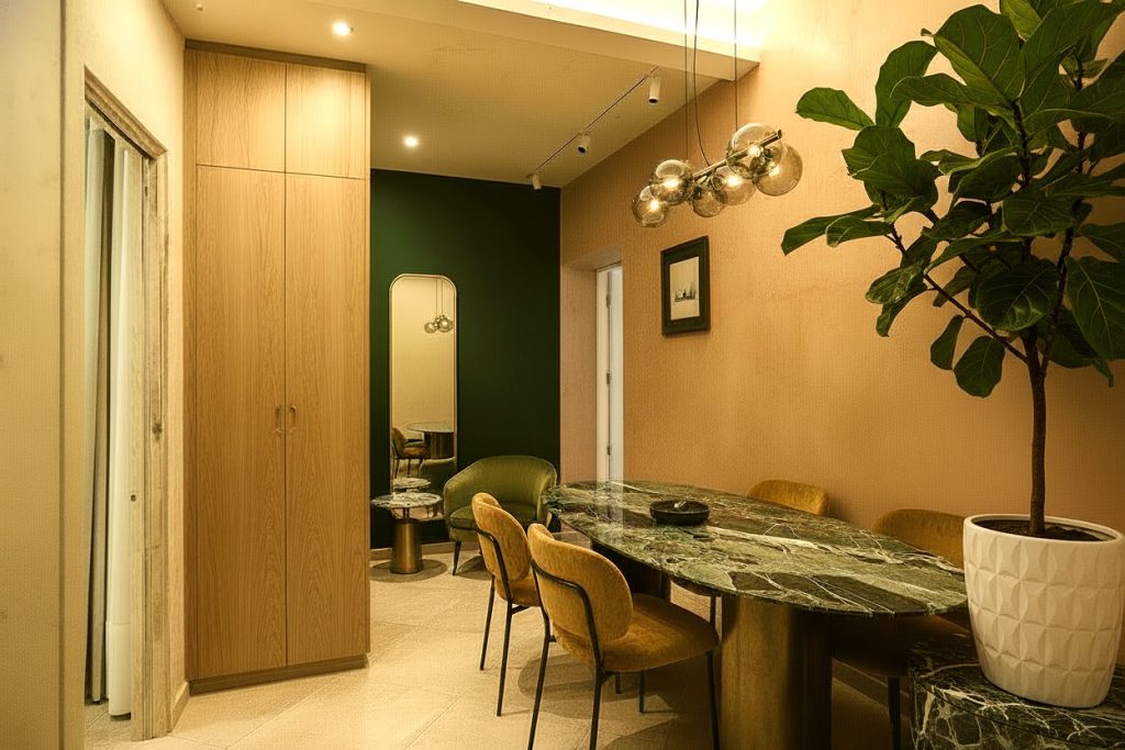 Ambiente valorizzato con pareti in intonaco veneziano, armadio in rovere e illuminazione geometrica