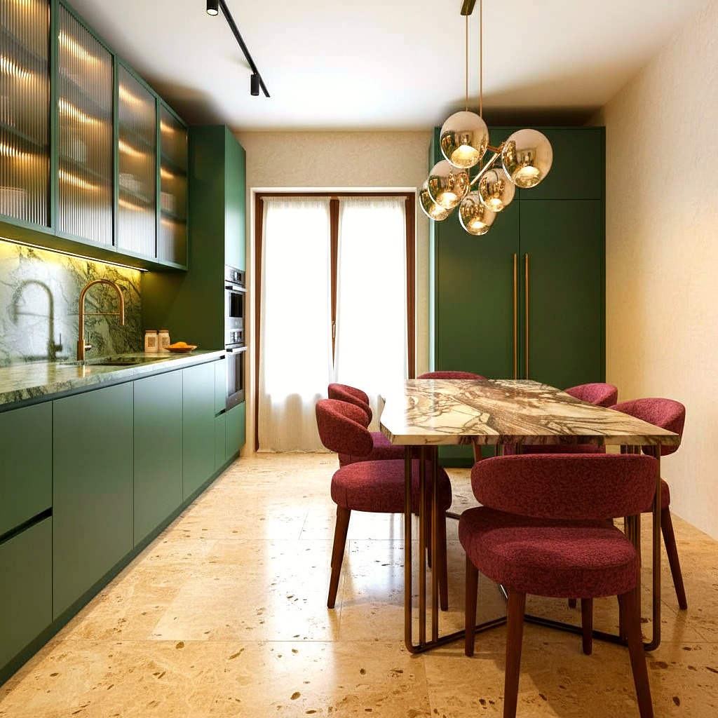 Cucina ripulita e valorizzata con virtual home staging, pareti verdi e illuminazione uniforme.